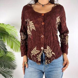 Vintage Brown Floral Fairy Grunge Bohemian Hippie Button Up Long Sleeve Shirt /S